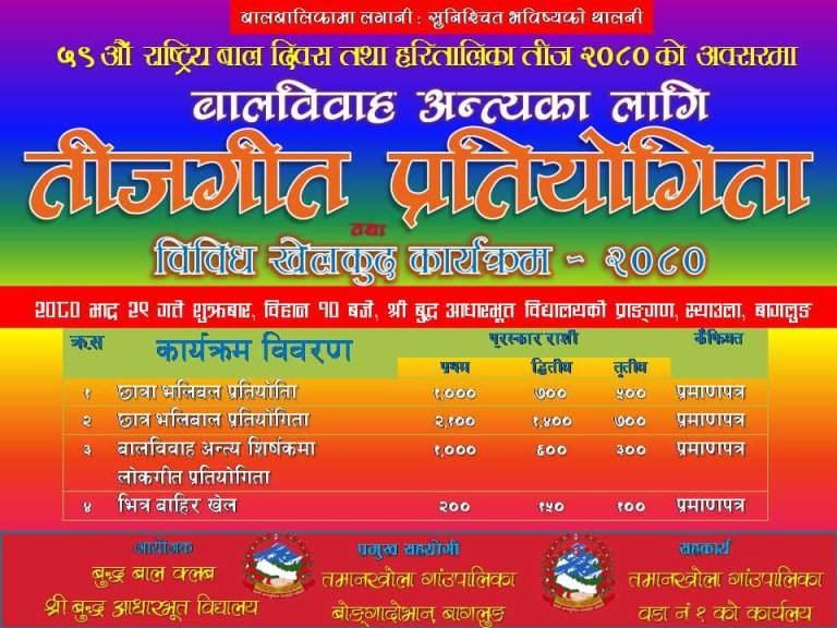 बुद्ध आधारभूत विद्यालयमा बालविवाह विरुद्ध तीजगीत , खेलकुद तथा सांस्कृतिक कार्यक्रम हुने